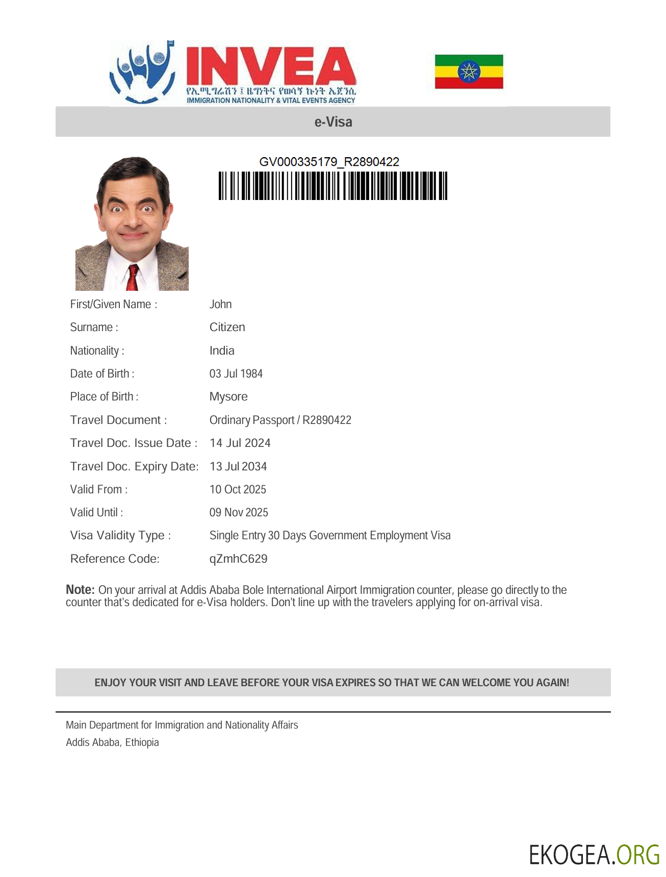 Modèle de visa électronique pour l'Éthiopie aux formats Word et PDF